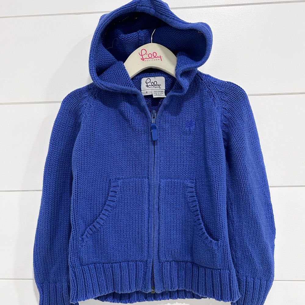 Lilly Pulitzer Girls Youth Size 4 Blue Cotton Knit Full Zip Hooded Sweater